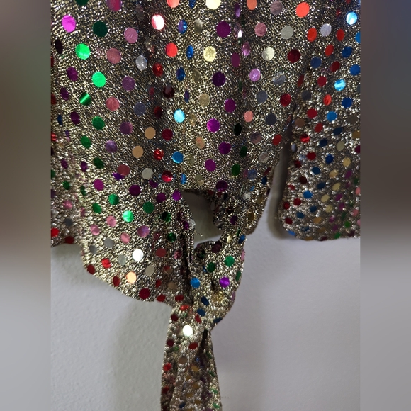 Vintage Rainbow Sequin blouse Shiny Holiday top Party Shimmer Shirt Long… - Picture 2 of 6